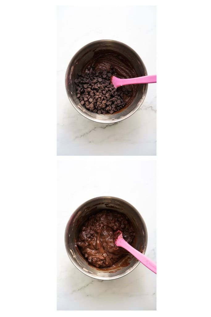 Chocolate chips added to a mixing bowl of brownie batter, then folded into the batter