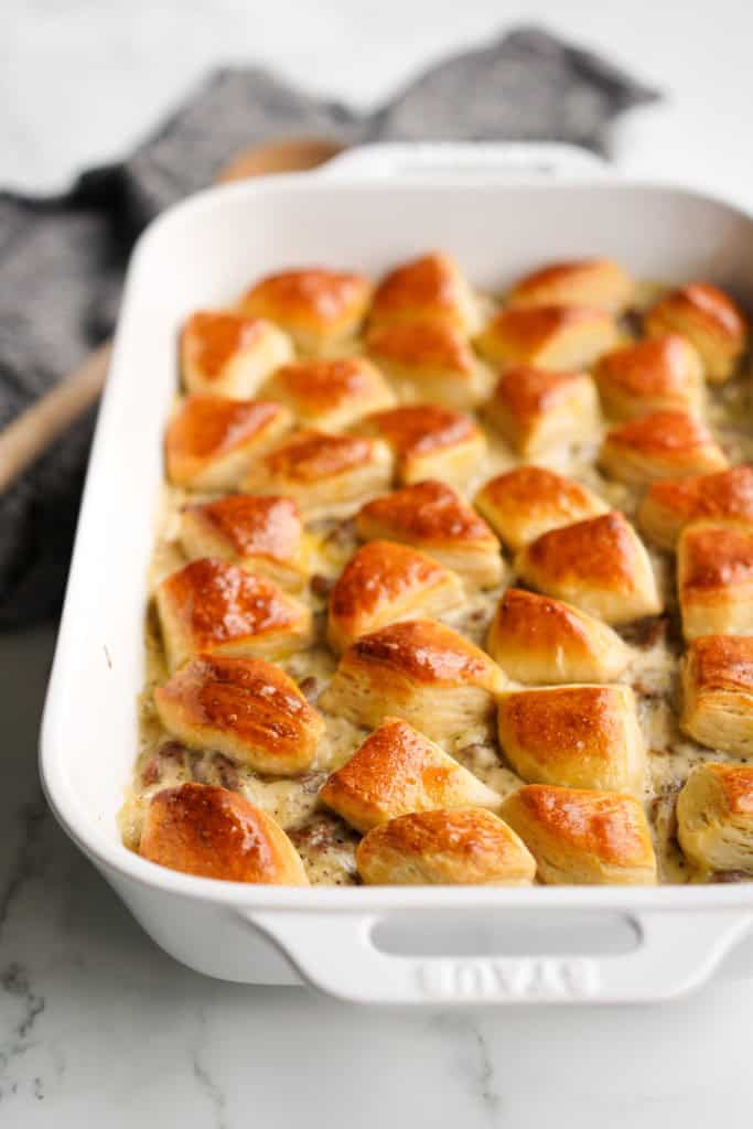 Biscuit and gravy casserole fresh off the oven! With golden brown biscuit bites on top