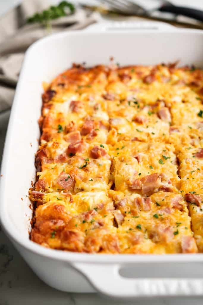 A large rectangular casserole dish of a hashbrown and egg casserole