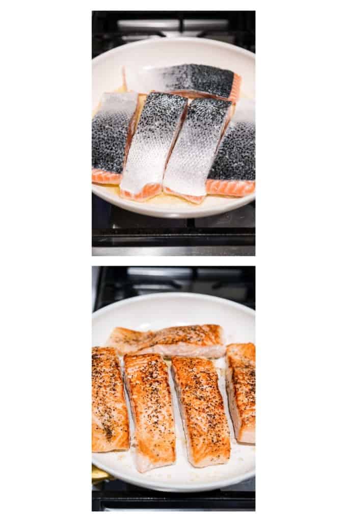 Pan searing skin-on salmon fillets on skillet