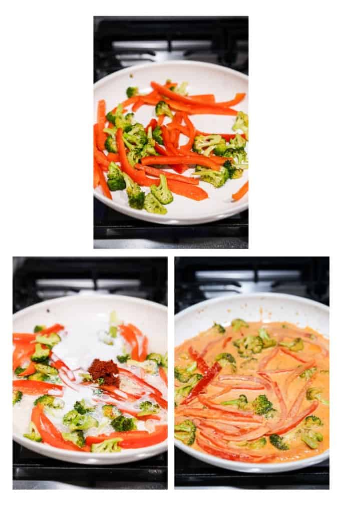 Searing broccoli and bell peppers in the skillet, then making the Thai red curry sauce