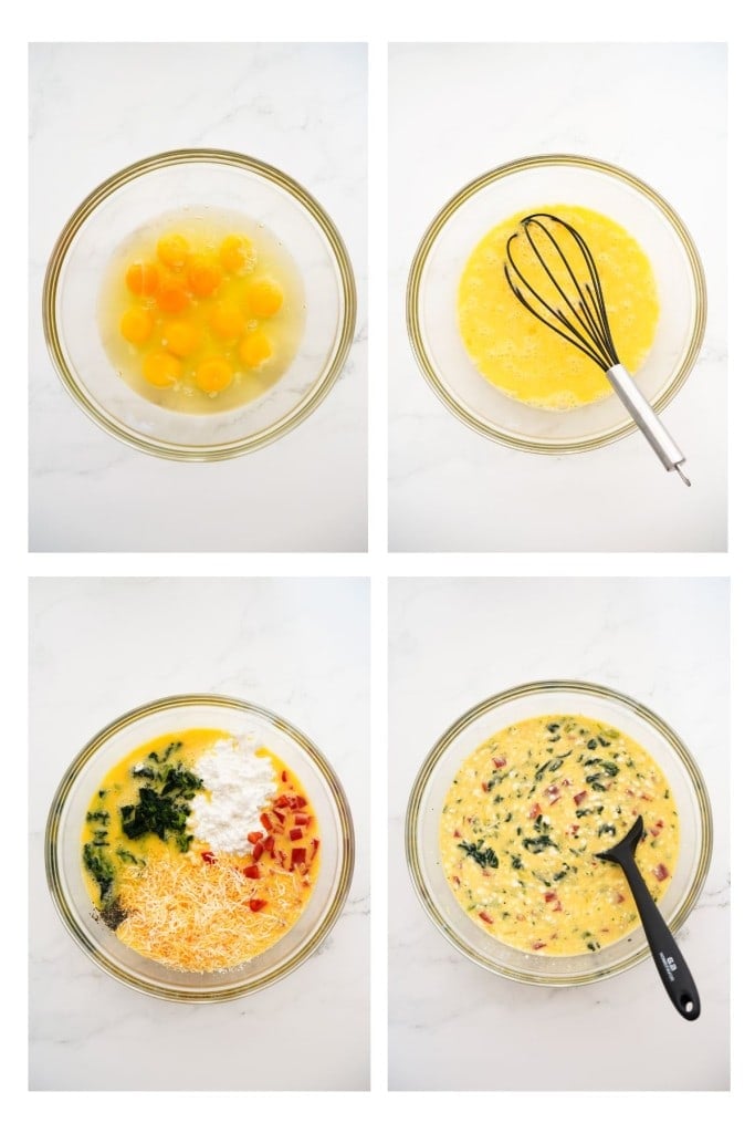 Mixing eggs, bell peppers, spinach, cottage cheese and cheese in a mixing bowl