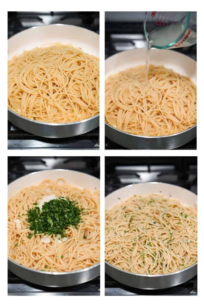 Tossing spaghetti in a garlic olive oil mixture, then adding parmesan cheese, parsley and red pepper flakes