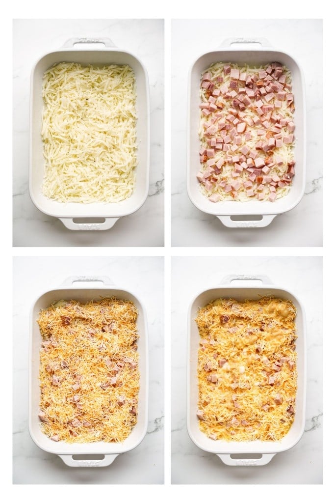 Layering a rectangular casserole dish with shredded hashbrown at the base, followed by ham, cheese and the egg mixture
