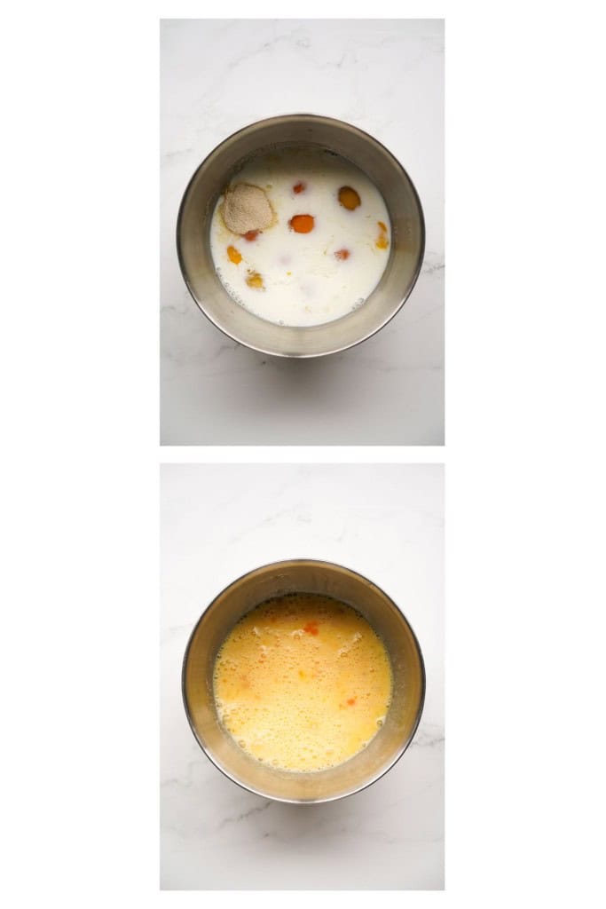 Before and after mixing a large mixing bowl filled with eggs, milk and seasonings.