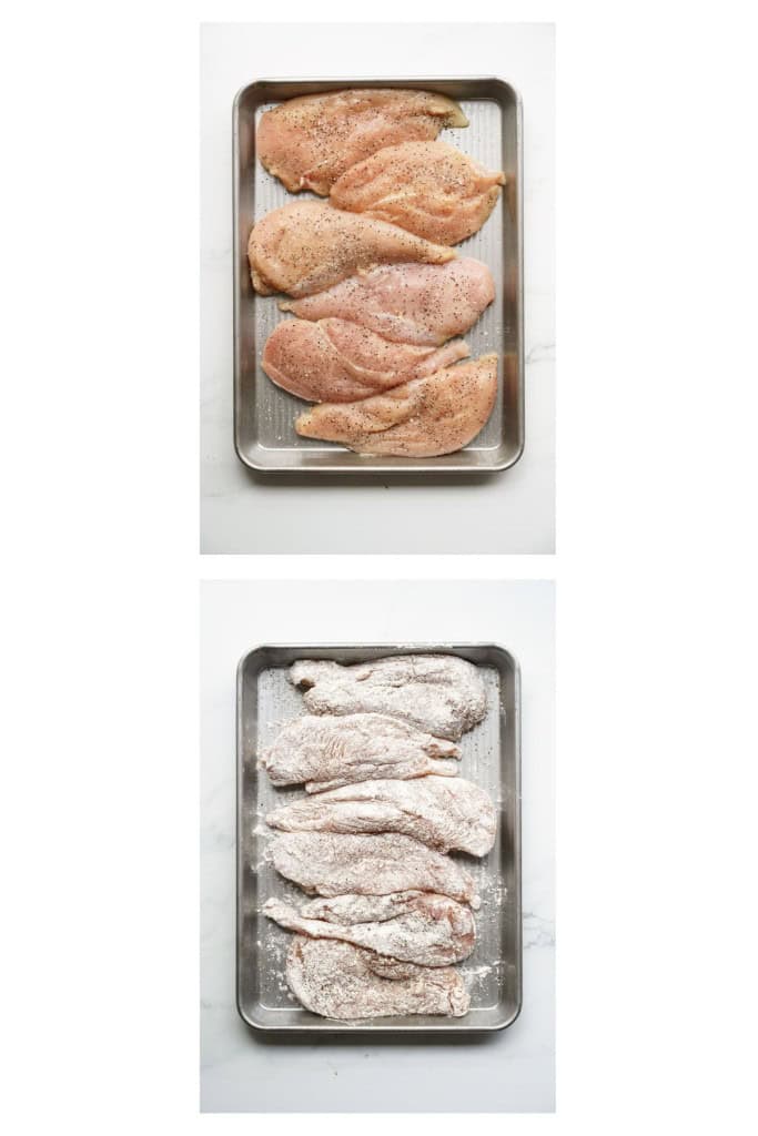 Before and after drenching chicken with flour