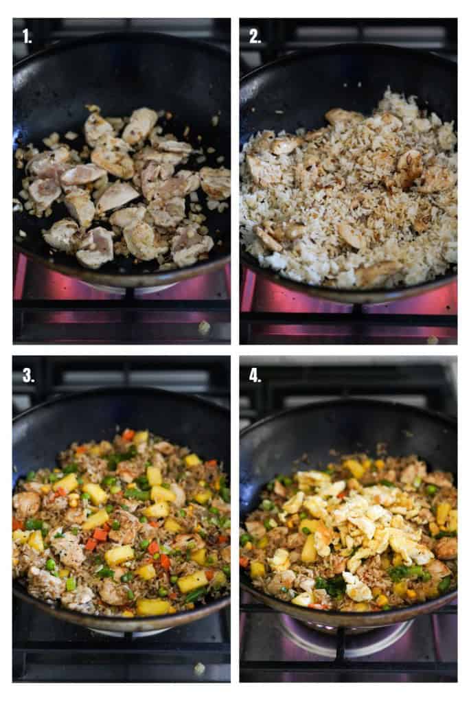 Searing garlic, onions and chicken, then adding rice and sauce. finally, add mixed veggies, pineapple, chicken and egg.