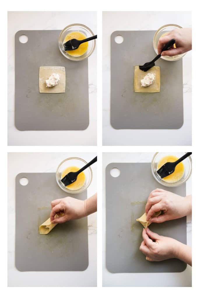 Adding cream cheese filing to wownton wrapper, brushing the sides with egg wash, and then folding four corners to meet in the middle.