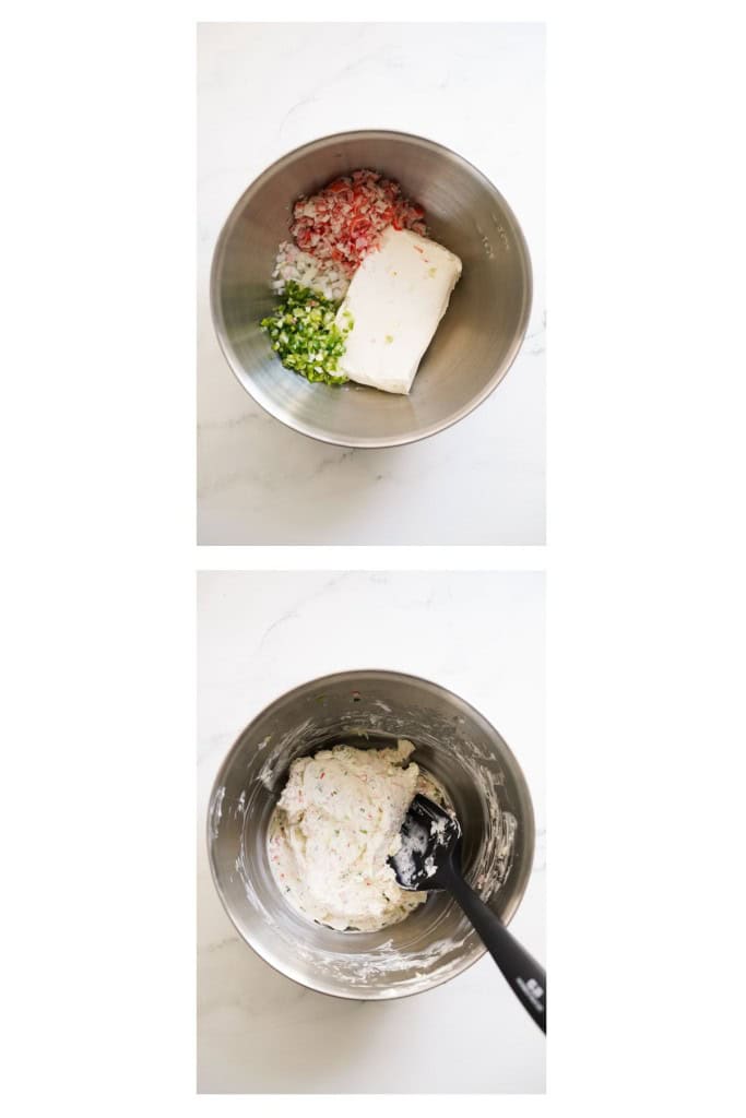 imitation crab meat, green onions, onions and cream cheese in a bowl, and then mixing it all together