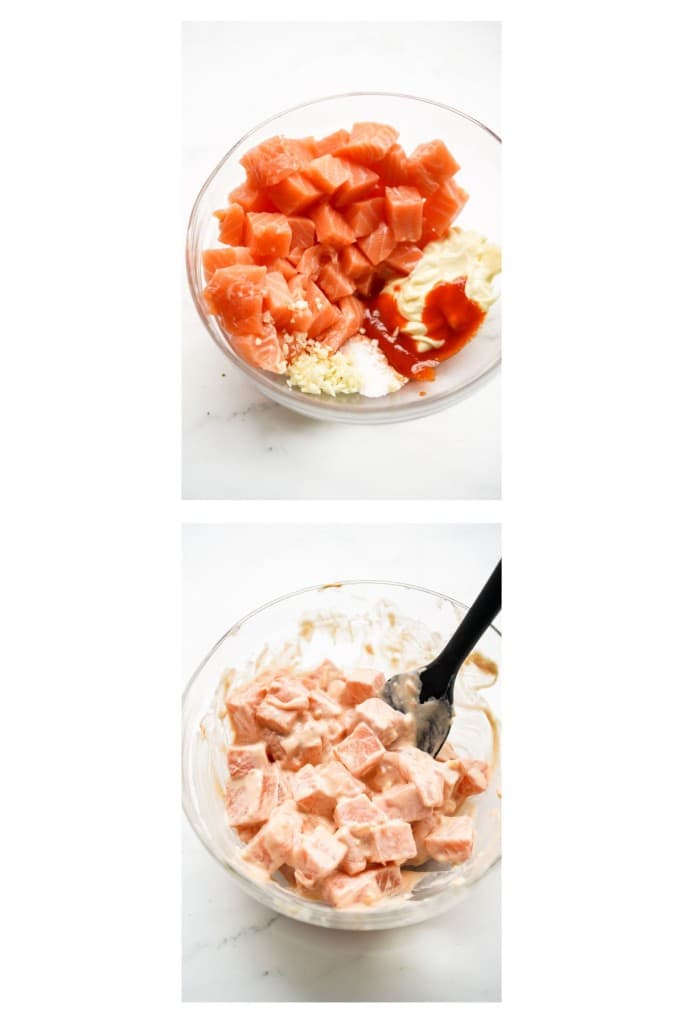 Raw salmon cubes tossed in sauce and seasonings