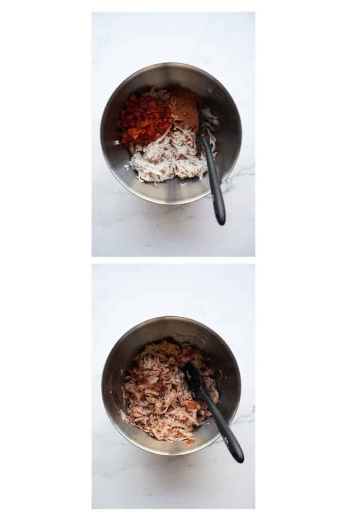 Mixing shredded rotisserie chicken with Rotel and taco seasoning.
