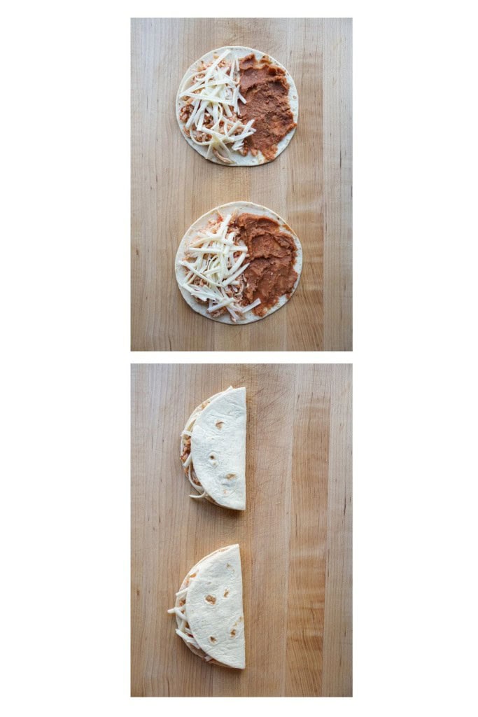 Adding refried beans to on side of the flour tortilla and chicken and cheese to the other side, then closing up the tortilla