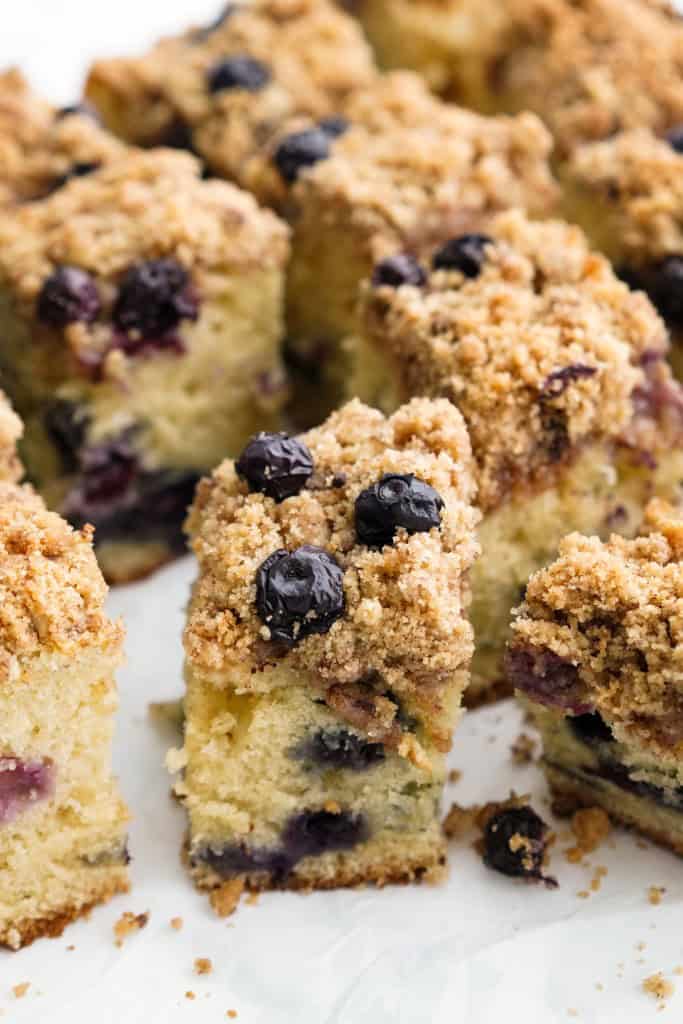 a slice of blueberry sour cream coffee cake