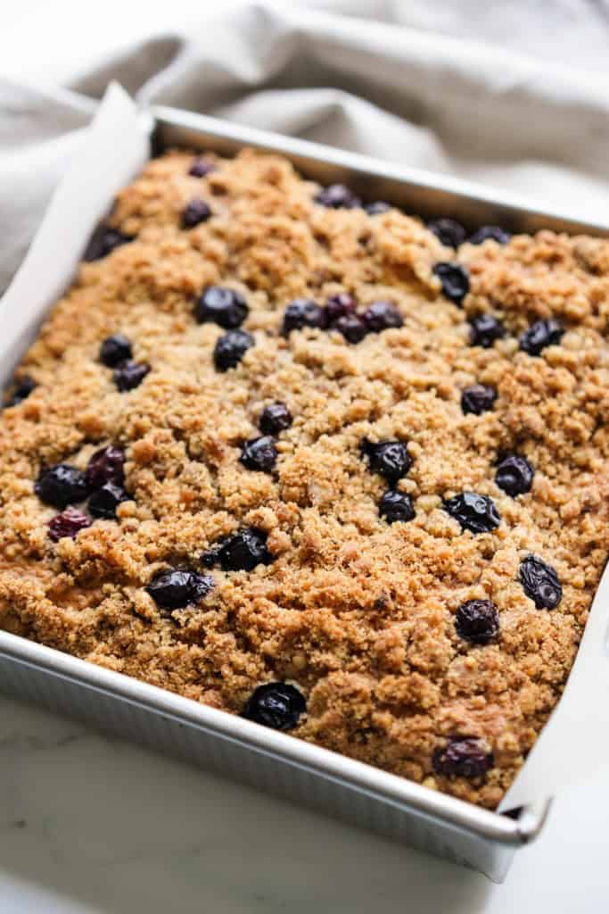 Baked blueberry coffee cake fresh from the oven.