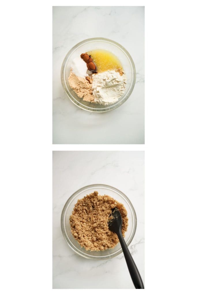 Bringing together flour, sugar, brown sugar, ground cinnamon and butter to create a crumble mixture. 