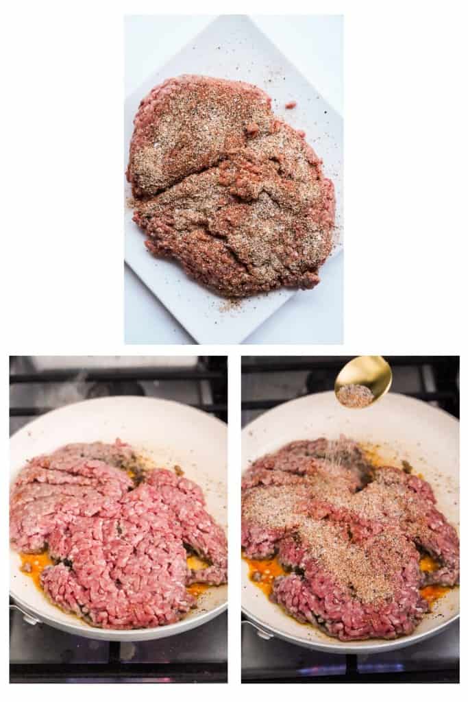 Searing seasoned ground beef on a skillet