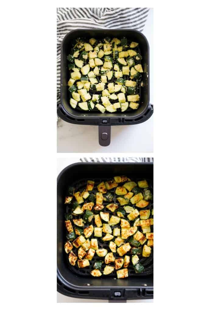Before and after air frying zucchinis in the air fryer