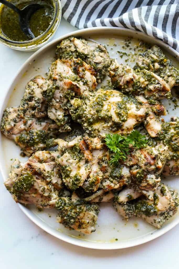 CHimichurri marinated chicken thighs on a plate