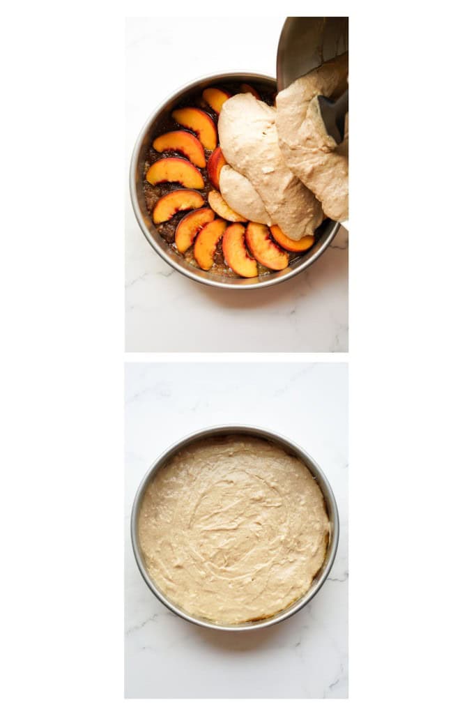 Pouring cake batter into a peach brown sugar mixture that is at the bottom of a cake pan