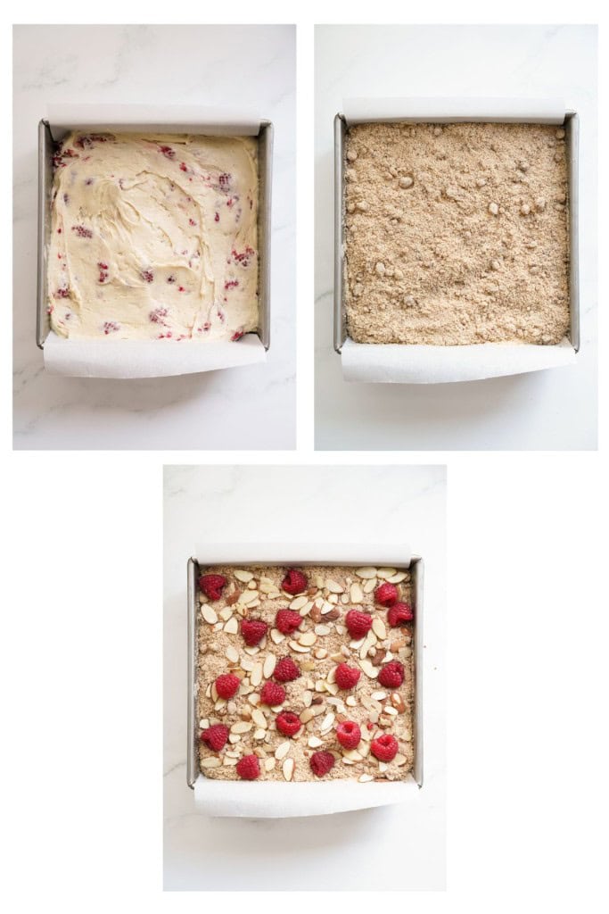 Topping cake batter in a square pan with crumble mixture, then topped with raspberries and almonds
