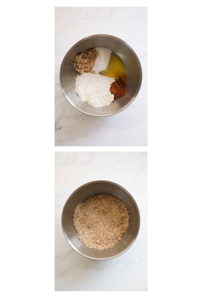 COmbining flour, butter, brown sugar, ground cinnamon in a mixing bowl to make crumble topping