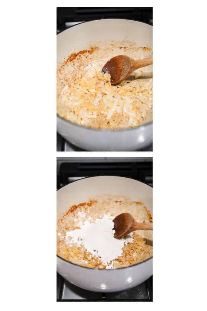Sauteing diced onions and minced garlic in a Dutch oven, then adding flour