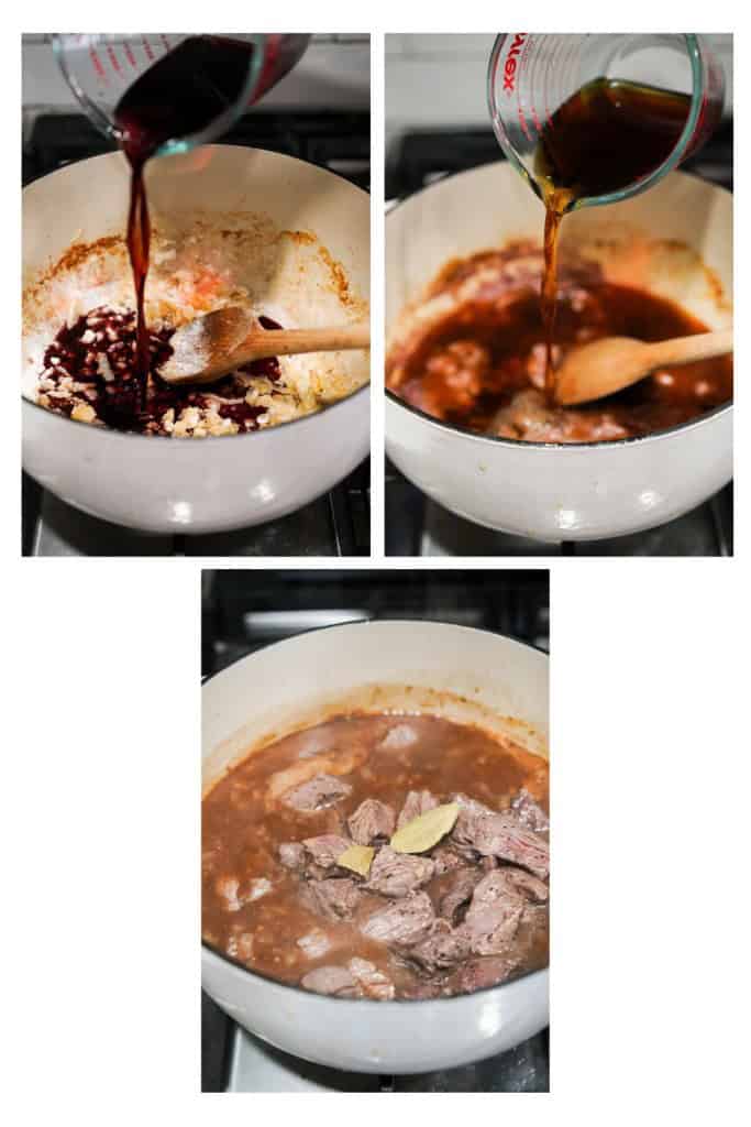 Adding red wine, followed by beef broth, and then bringing in the herbs