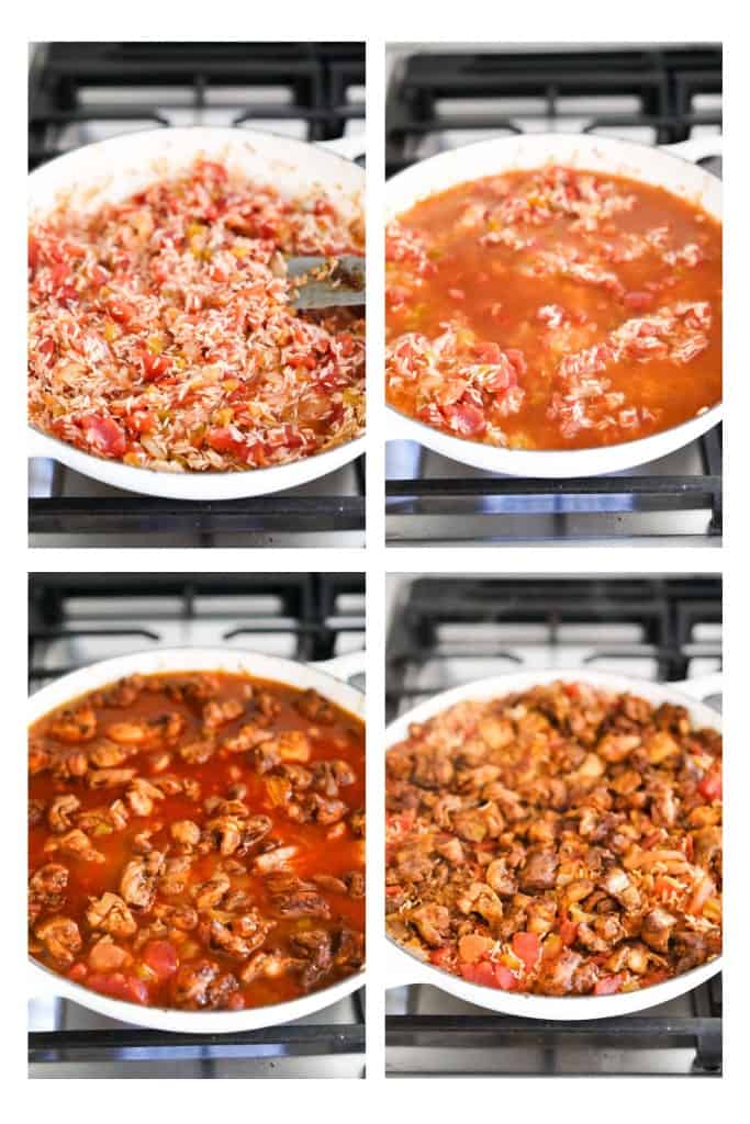 Cooking Mexican rice and rice in a skillet until the broth evaporates