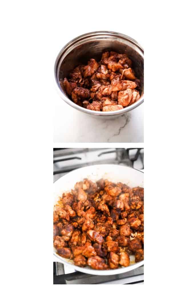 Chicken thigh cubes tossed in spices in a mixing bowl, and then sauted on a skillet