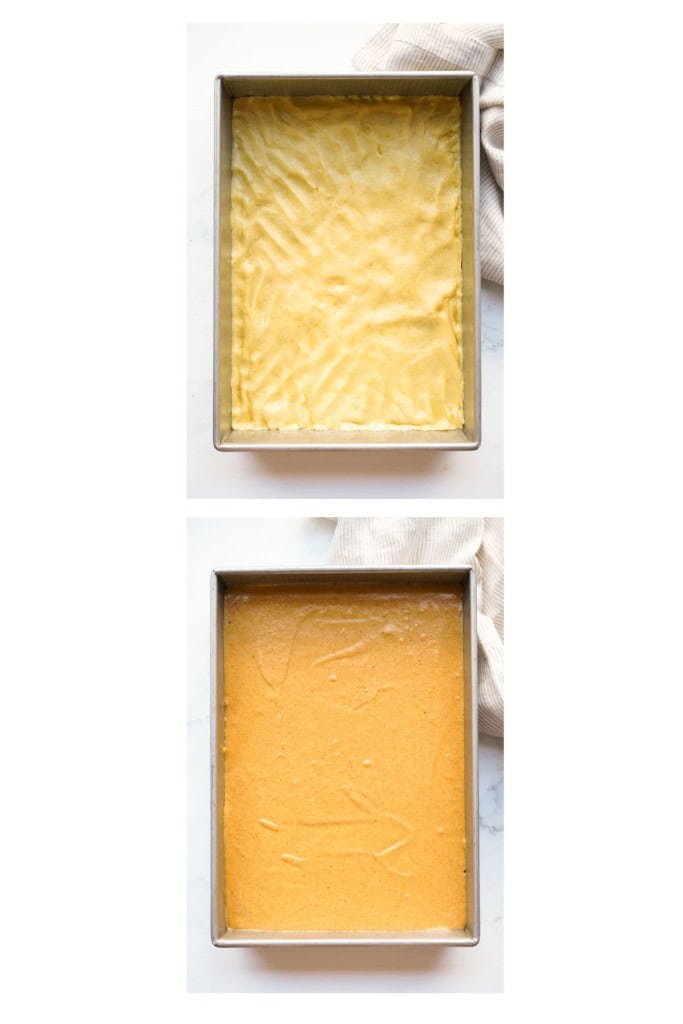 A rectangular pan with yellow cake mixture at the bottom then topped with pumpkin mixture