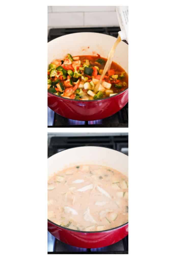 Adding chicken broth and coconut milk to the soup in the Dutch oven