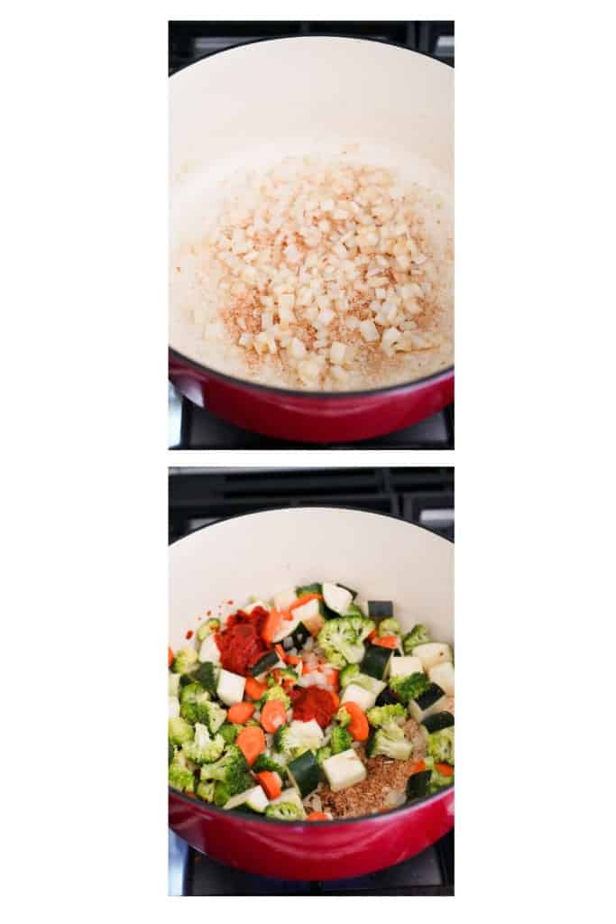 Sauteing chopped onions in the Dutch oven, then broccoli, carrots, zucchini and red curry paste were added