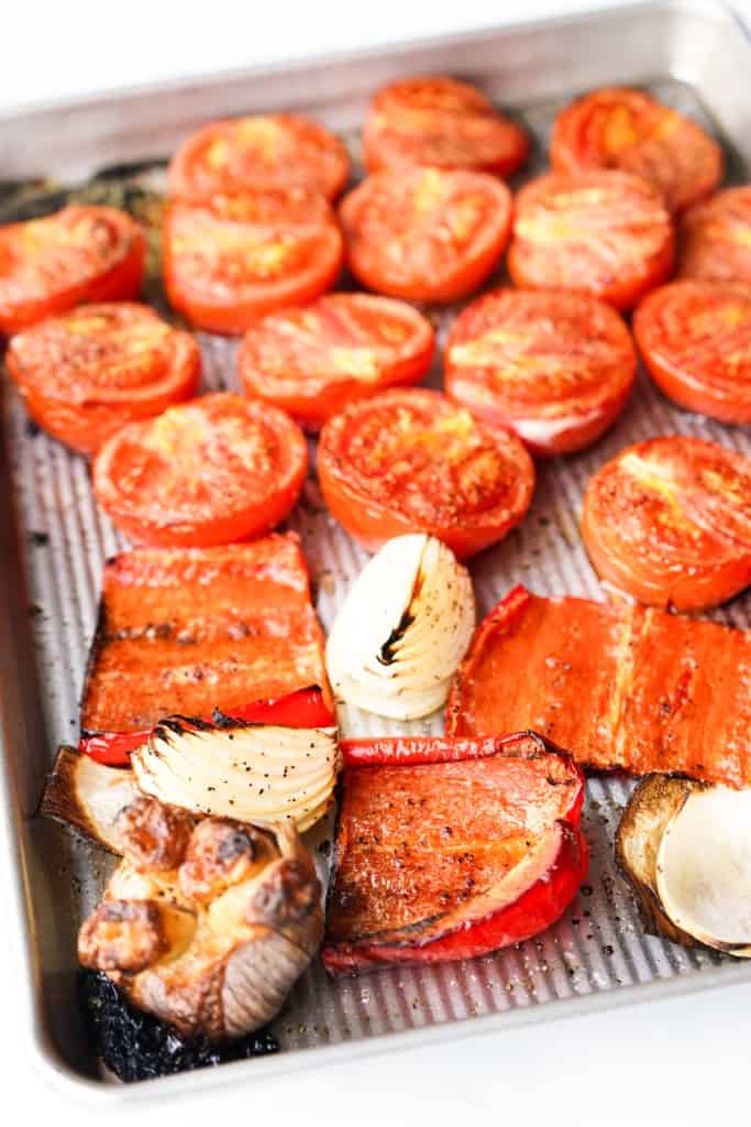 Tomatoes, bell peppers, onions and garlic after roasting