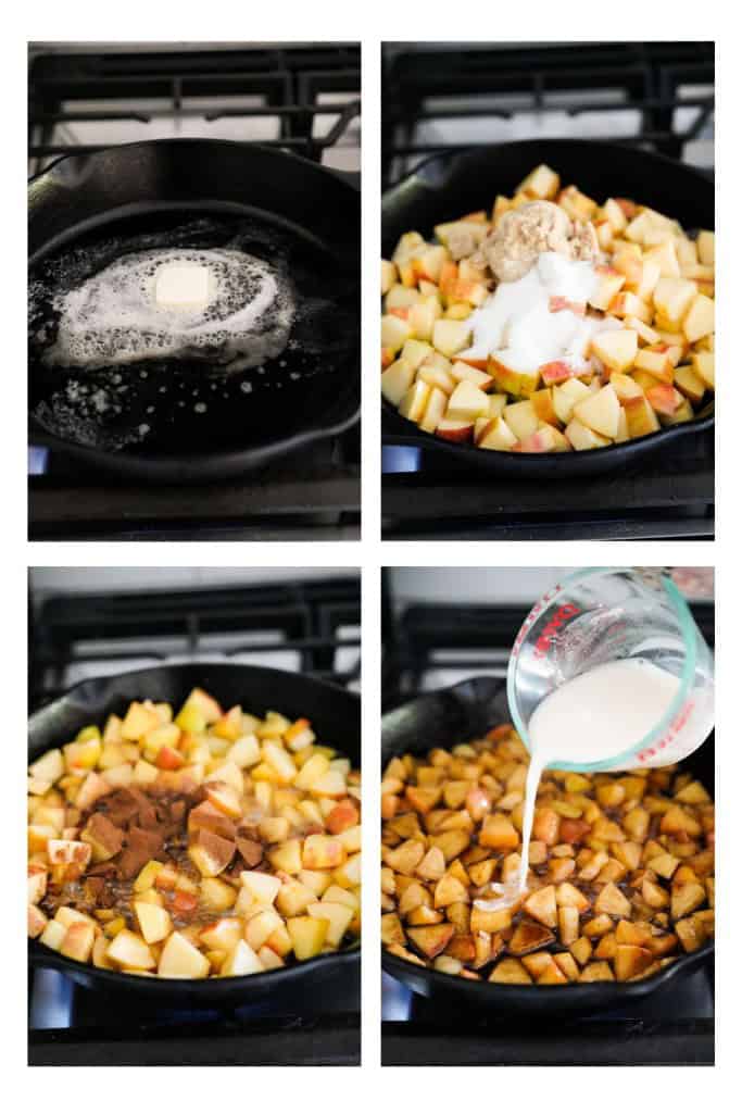 Melting butter in cast iron skillet, then adding diced apples, sugar, brown sugar, ground cinnamon, and then a flour slurry