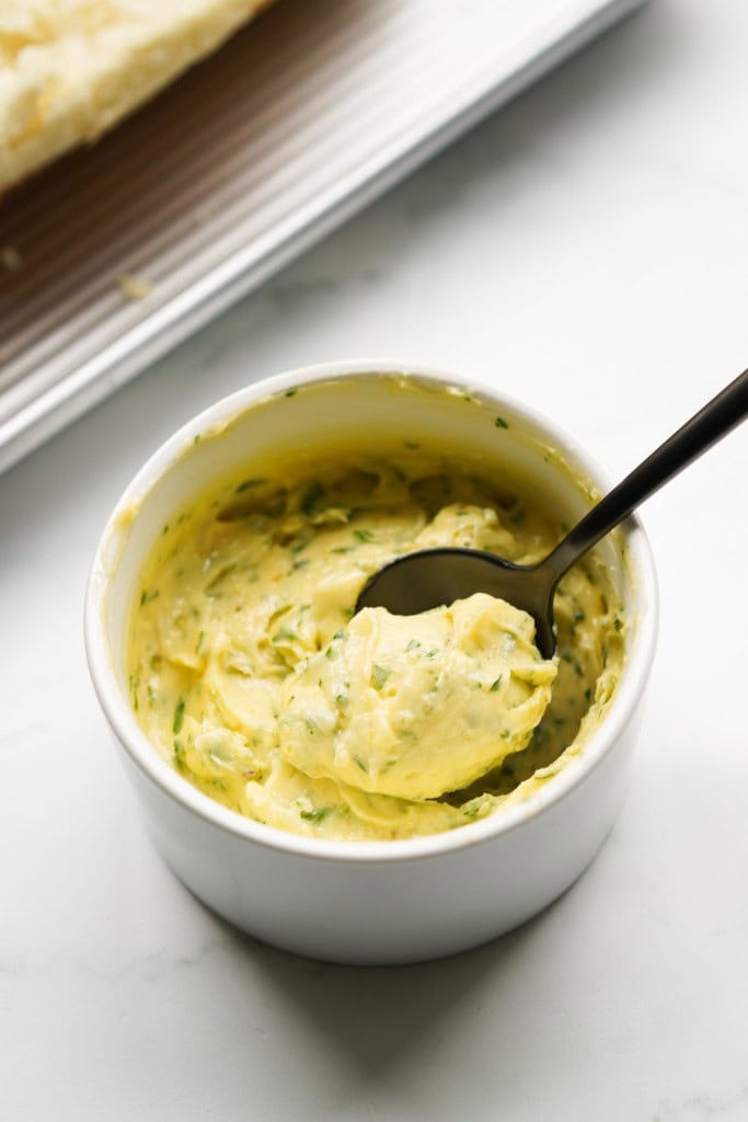 Garlic herb butter in a ramekin