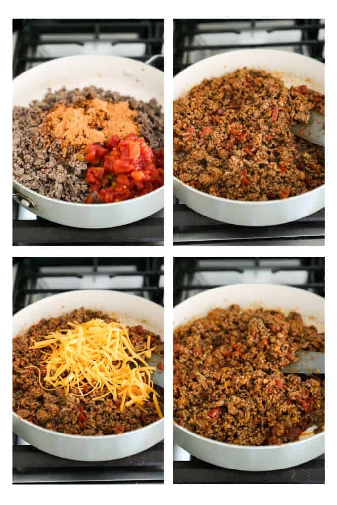 Sauteing ground beef with Rotel and taco seasoning, then adding cheese.