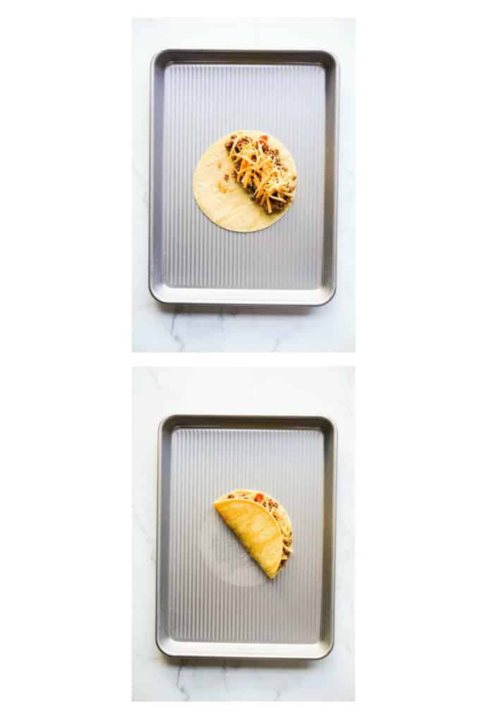 Filling corn tortilla with ground beef and cheese mixture, then closing it up