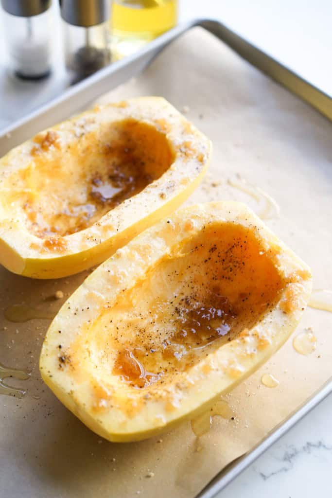 Two halves of Spaghetti squash freshly roasted