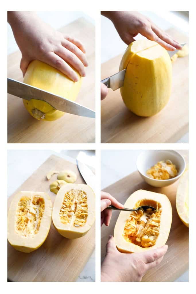 Cutting the ends off the spaghetti squash, then slicing into half, and then removing the seeds