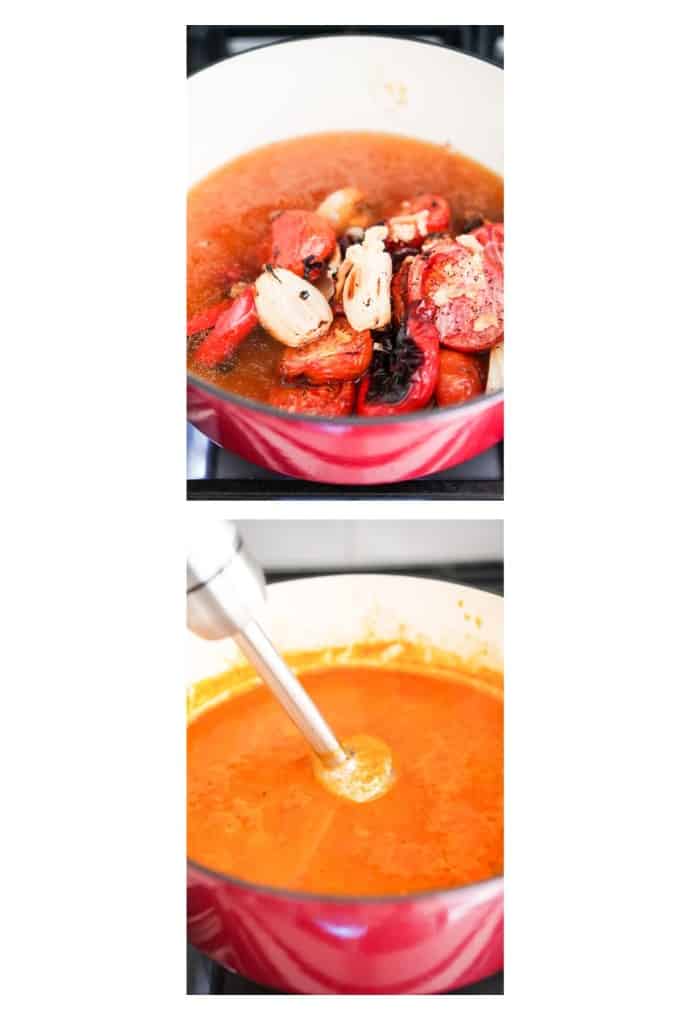 Roasted tomatoes and bell peppers in the Dutch oven with broth, and then using an immersion blender to blend it up