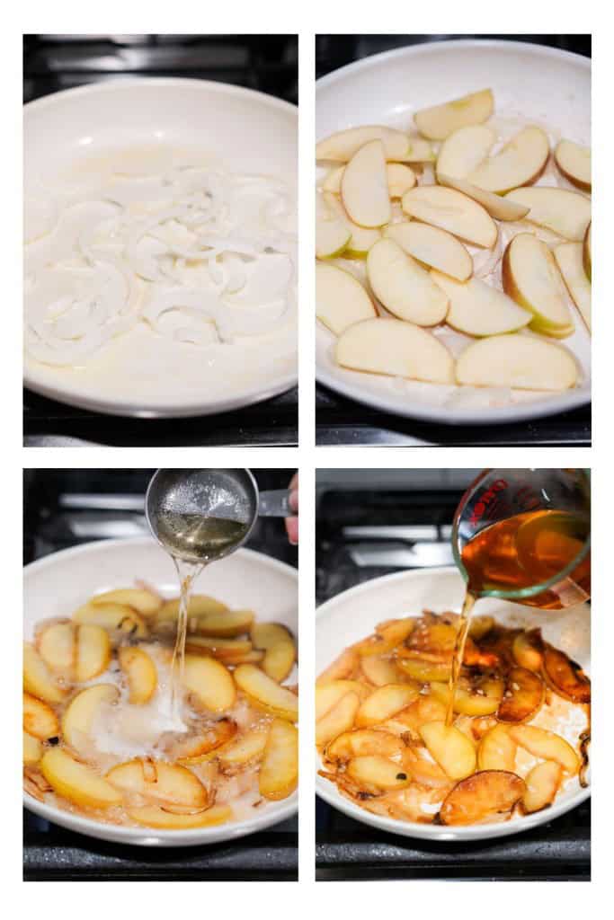 Cooking cider white wine sauce with apples and onions