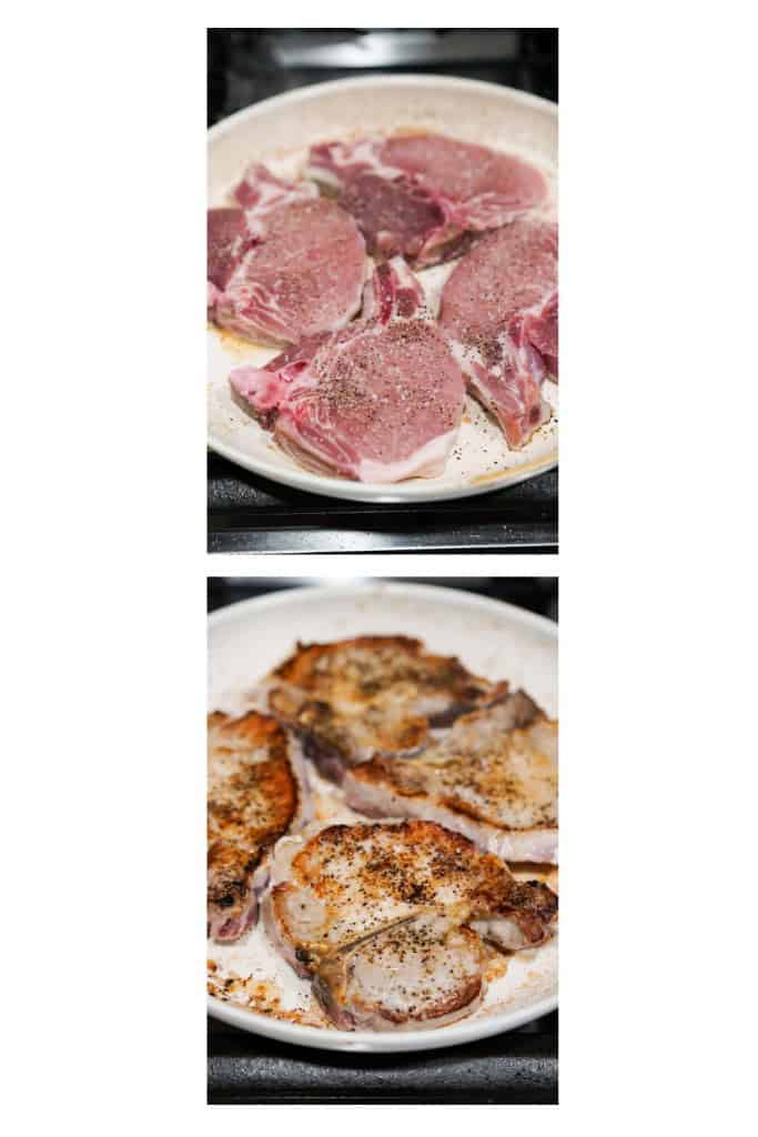 Searing bone-in pork chops on a skillet