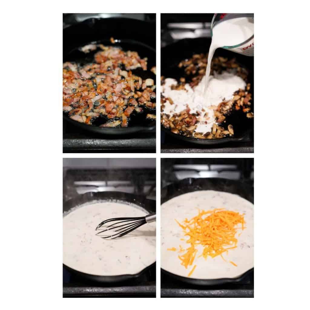 Saute bacon, then add half and half, whisk to combine then add shredded cheddar cheese