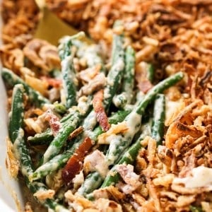 Creamy green beans topped with fried crispy onions