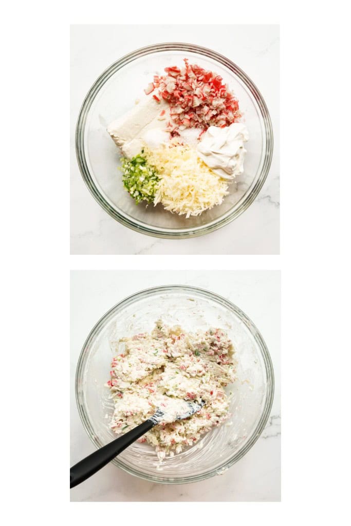 In a large mixing bowl, combining chopped imitation crab meat, cream cheese, cheese, scallions and sour cream