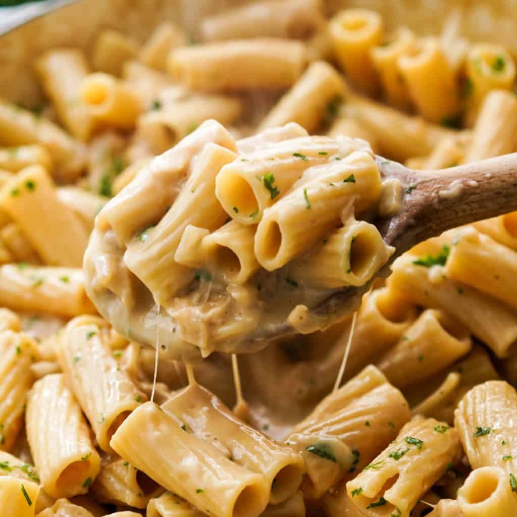 Lifting up creamy French Onion Pasta with a wooden spoon