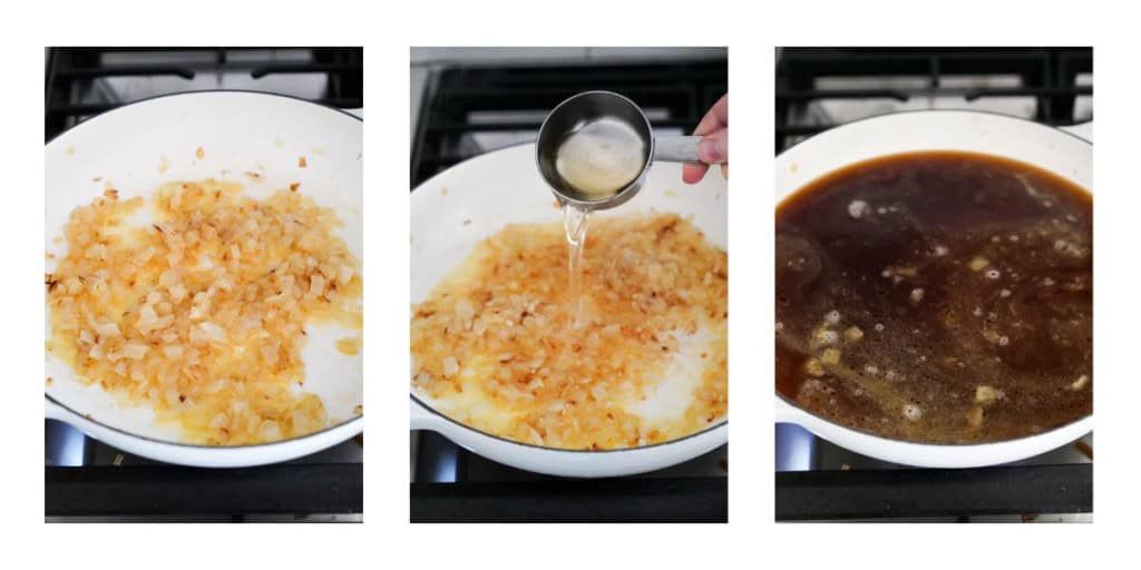 Caramelizing onions in a skillet, followed by adding white wine and beef broth.