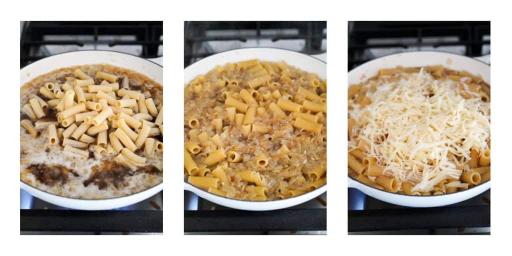 Adding uncooked pasta into skillet, then adding cheese to cooked pasta