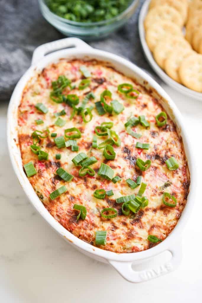 A dish loaded with baked crab rangoon dip