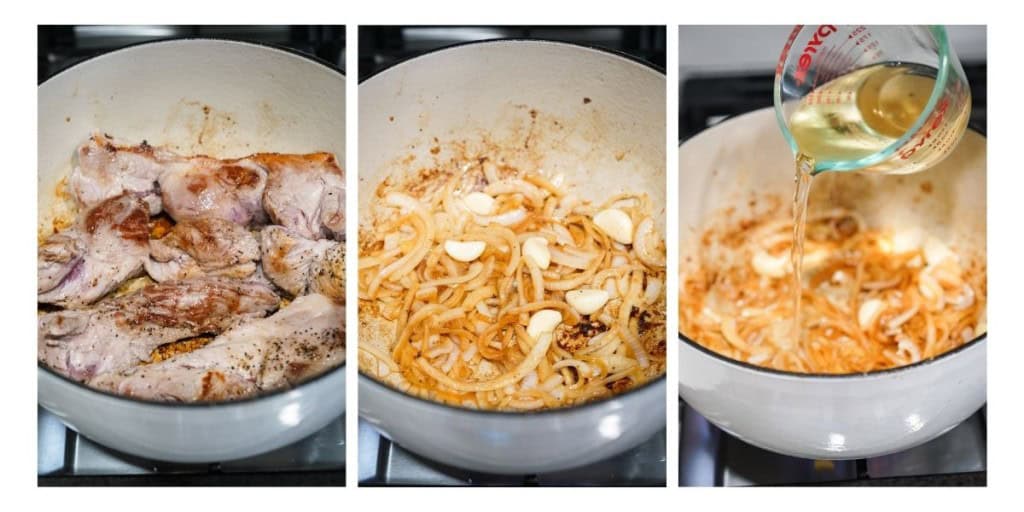 Searing pieces of shoulder in Dutch oven, then searing onions and garlic, then deglazing with white wine